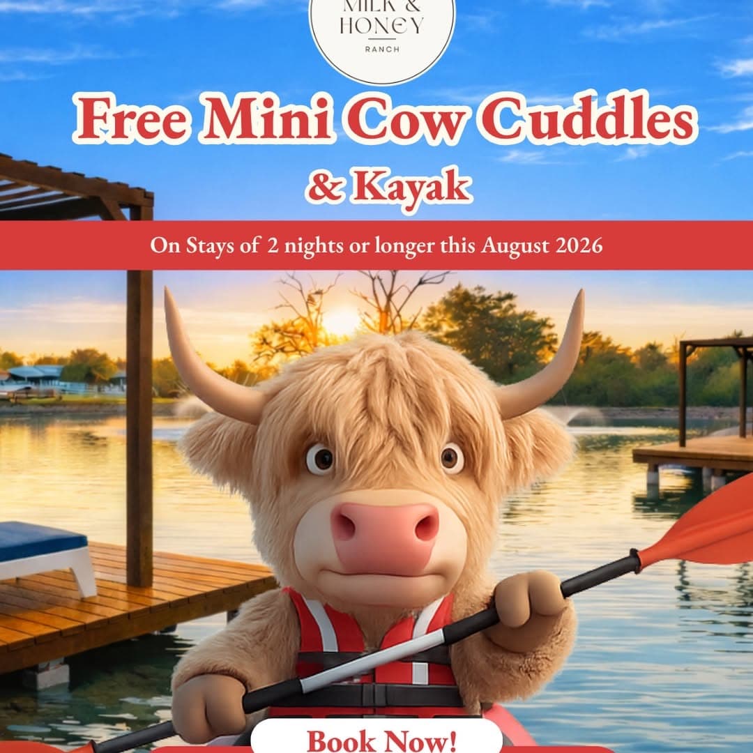 Free Mini Cow Cuddles and a free kayak experience when you book two or more nights in August 2026 at Milk & Honey Ranch